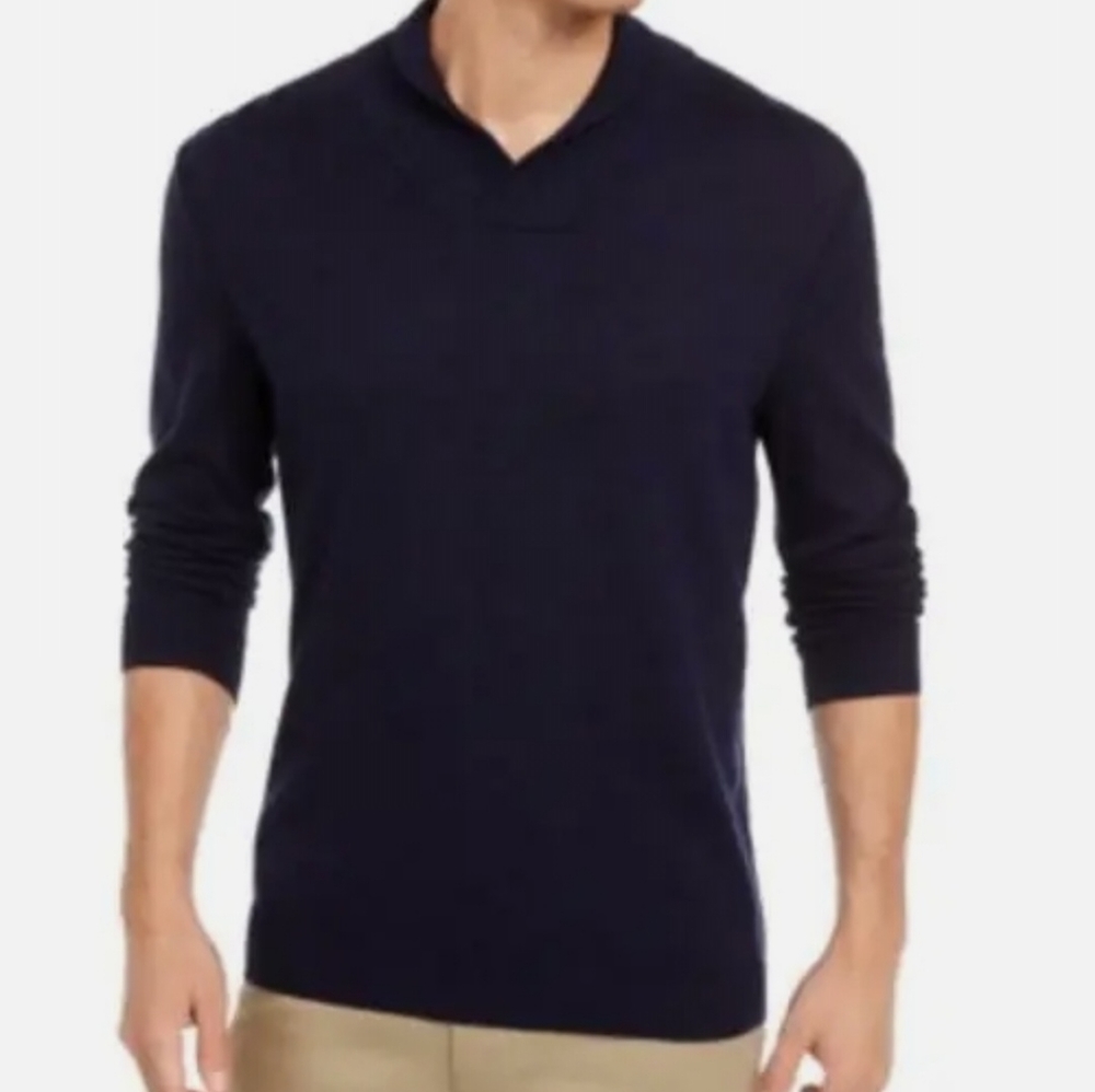 NWT Contrast Shawl-Collar Supima Cotton Sweater Blue Size XL